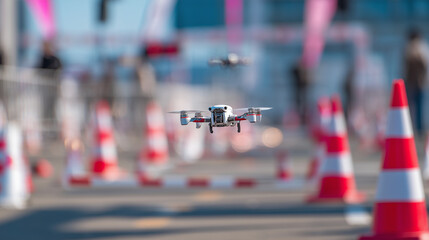 Drone race, FPV drones flying through obstacles, competition, sport. Innovation, commercial drone pilot training, contest 