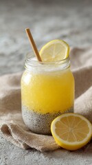 Refreshing citrus drink with chia seeds in a glass jar on a textured surface