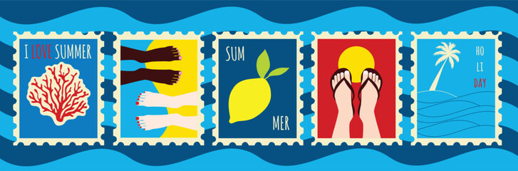 summer holiday postage stamp collection, color vector stamps with summer holiday graphic elements