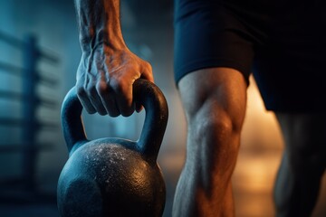 Strong muscular man lifting heavy kettlebell in gym setting, symbolizing strength, endurance, and physical fitness