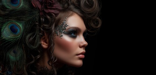 Fototapeta premium Portrait of a woman with peacock feathers in her hair and decorative makeup on a black background