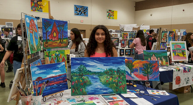Young girl displaying colorful paintings at art exhibition event