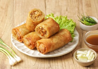 Lumpia rebung. Bamboo spring rolls are a snack in the form of an omelette filled with bamboo...