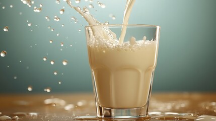 Milk splashing into glass on table