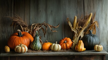Autumnal display of gourds, pumpkins, and corn stalks on a rustic wooden shelf.