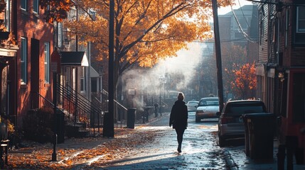 Autumnal neighborhood street scene with a pedestrian.