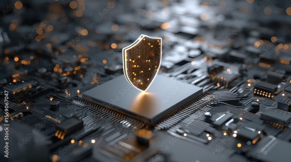 Poster eyecatching 3d representation of a digital lock and shield icon emerging from a bright microchip rep