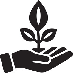 Black silhouette of a seedling growing in an open hand against a white background