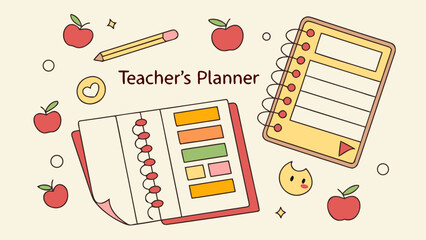 Illustration of teacher's planner with apples, pencil, and stationery on a light cream background color