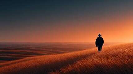Serene Sunset Overrolling Hills with Silhouette of a Walker
