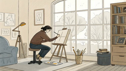 Young woman sitting on a chair at a desk working on a laptop