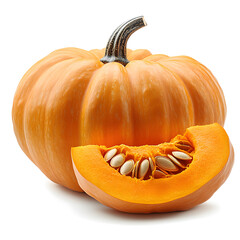 Whole pumpkin with slice showing seeds on white background