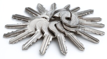Bunch of assorted silver keys fanned out in a circle, metallic texture visible, isolated on white background, great for security-related designs or locksmith branding