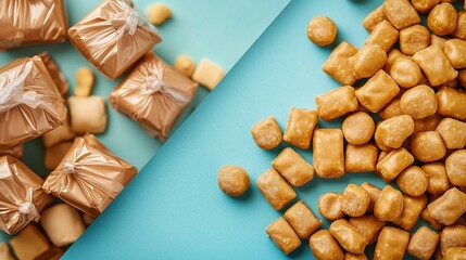 **A creative diagonal split scene with half the frame filled with wrapped toffees and the other half with unwrapped soft chews