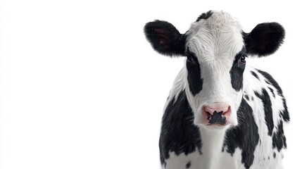 Close-up of upright cow with black patches on white fur, gentle facial expression and natural stance, isolated on bright white background, suitable for dairy product visuals