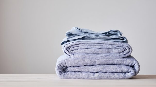 Cozy-looking folded blue flannel pajama fabric on light background