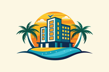 Beachfront Hotel Logo Design Tropical Paradise Resort Illustration