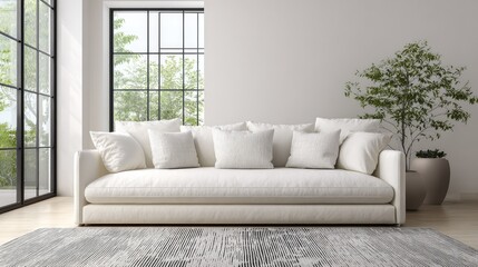 Fototapeta premium Elegant white sofa on a clean carpet in a serene, bright and modern lounge room