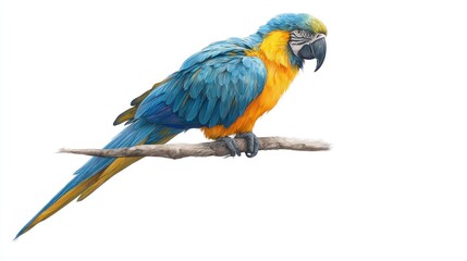 Obraz premium Vibrant blue and yellow macaw perched calmly, fully isolated on a clean white background, detailed feathers, sharp focus, perfect for wildlife content and educational visuals