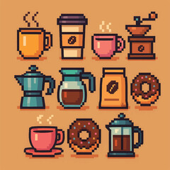 Coffee shop icon, pixel art, eps 10 illustration