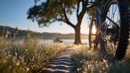 Bicycle Track in Morning Dew on Meadow with Sunlight