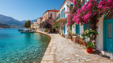 Greece vacation holiday, sunny seaside town background wallpaper backdrop. Travel destination, resort, beautiful nature view, panorama