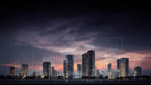 Futuristic smart city skyline with glowing buildings and digital interfaces under a twilight sky