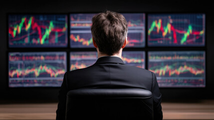 businessman in a dark suit monitors multiple colorful stock charts on screens, analyzing financial market trends in a dimly lit trading room.
