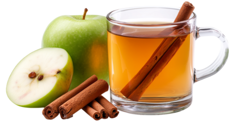 A tempting mug of apple cider, infused with cinnamon sticks, sits beside a whole and half-cut green apple.  Isolated on transparent background.
