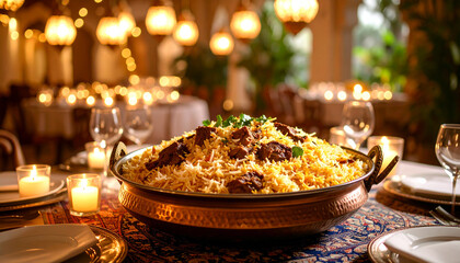 Mutton Biryani in a large ethnic serving bowl in a royal table setting