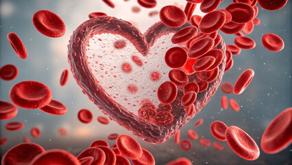 Broken heart syndrome concept ,Blood cells forming heart shape then dispersing with glowing background in medical concept