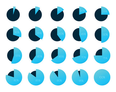 5 10 15 20 25 30 33 35 40 45 50 55 60 65 70 75 80 85 90 95 100 percent charts. Vector percentage infographics. Diagrams set. Illustrations for business, finance, growth