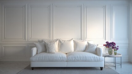 Luxurious white sofa in a spacious room featuring clean lines and balanced symmetry