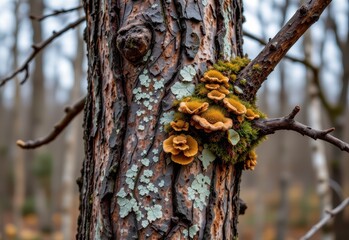 a dry tree shedding bark and branches, fewer fungi and lichen growing, illustrating loss of symbiotic biodiversity relationships.