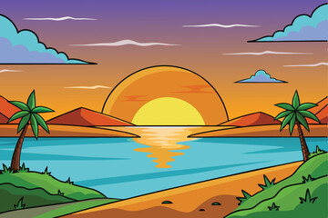 Vibrant Sunset Landscape Beach, Ocean, and Palm Trees