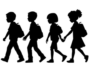Diverse group of children walking together with backpacks on a white background