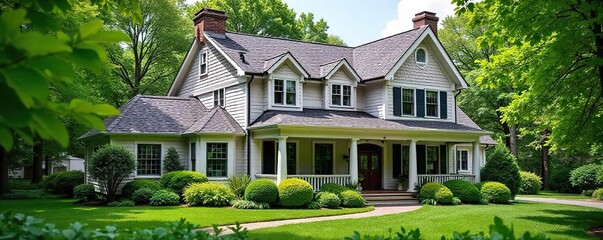 Charming Shingle-Style Home Nestled in Lush Greenery Perfect for Real Estate, Home Improvement, and Architectural Design Projects