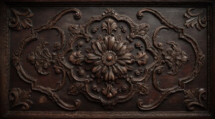 Intricate Floral Carving on Dark Wooden Surface