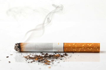Burning cigarette with smoke isolated on white background