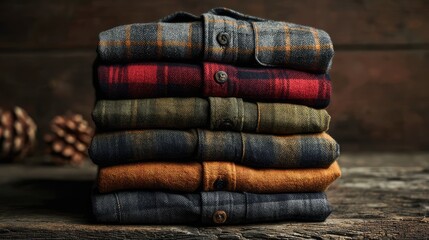 Stack of folded flannel shirts showing variety of plaid patterns
