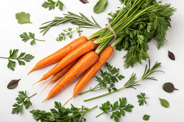Fresh carrots and herbs isolated on white background