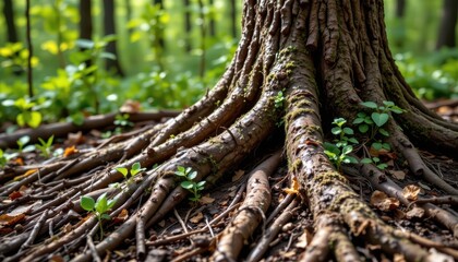 Obraz premium dry tree roots reducing symbiotic fungal biodiversity, disrupting nutrient exchange and forest health.