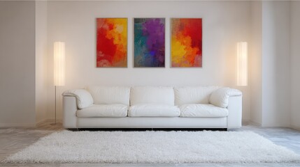 White couch arranged neatly on a light rug, with modern artistic pieces on the wall
