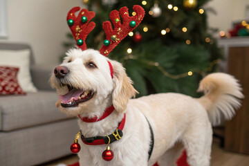 Happy dog wears reindeer antlers and christmas collar in front of christmas tree
