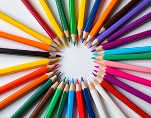 Fototapeta premium the image showcases a circle of sharpened, colored pencils arranged point inward on a white background, the pencils cover a spectrum of colors, including shades of red, orange