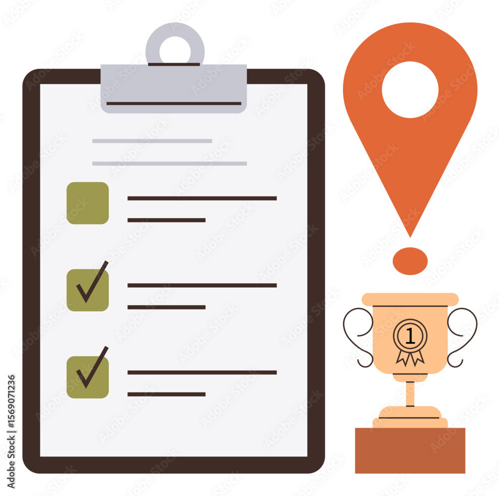 Poster clipboard with checklist and green checkmarks, golden trophy with ribbon, and red map pointer. ideal