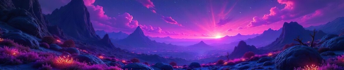 Surreal Bioluminescent Landscape Glowing Flora, Bizarre Rocks, and a Swirling Purple Sky