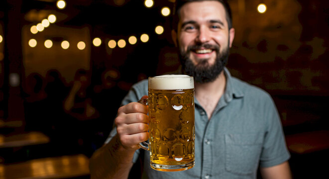 Young man smiling and holding a large beer mug in a bar  