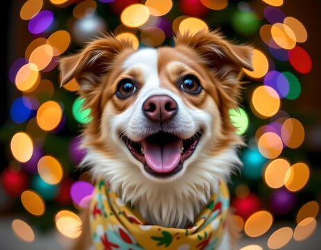 the image is a close up portrait of a happy canine, likely a medium sized breed with a mix of white and reddish brown fur, the fur is soft and the ears are perked up