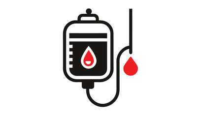 Stylized icon of an iv drip bag with a red blood drop falling from the tube